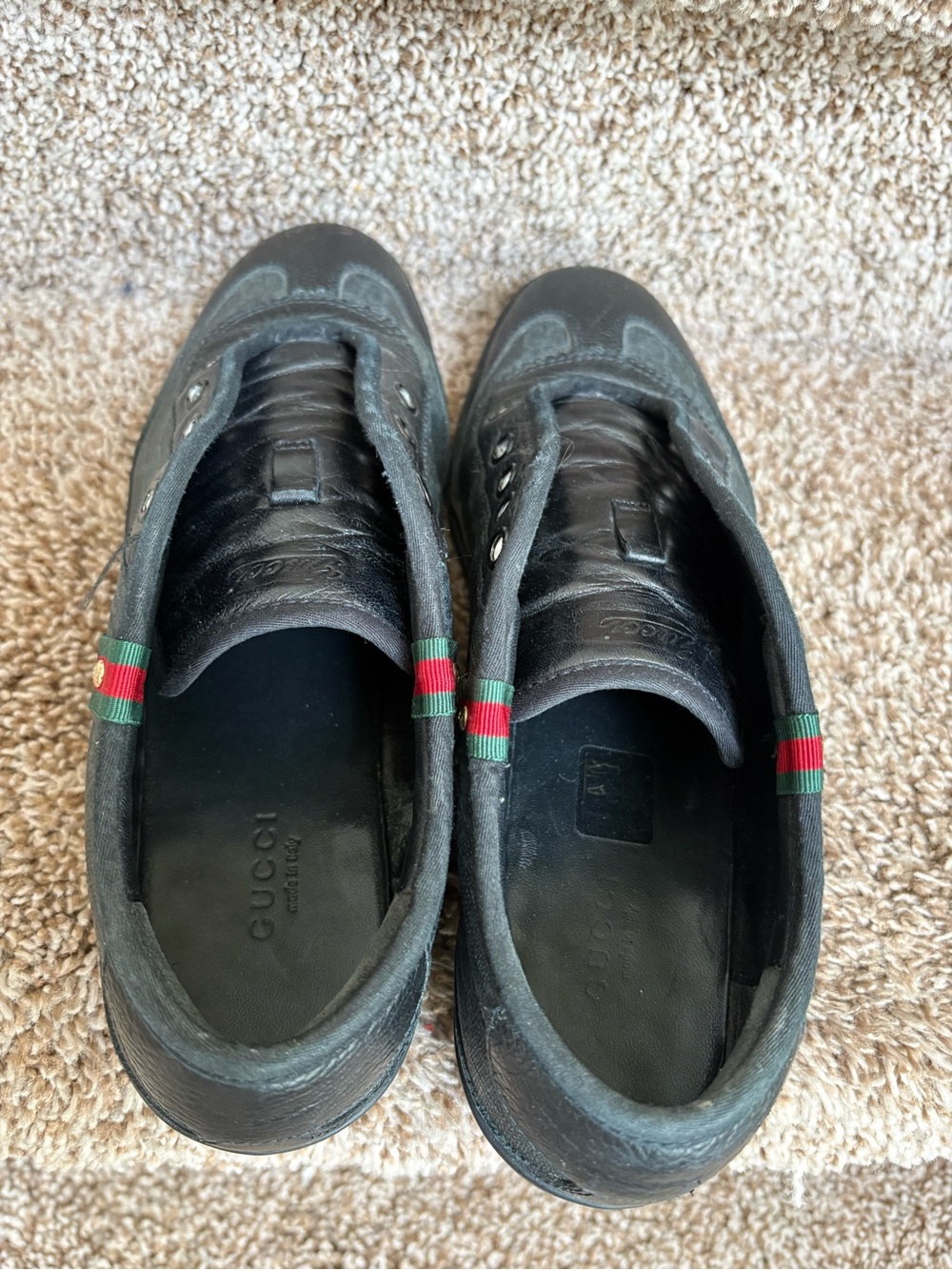 Gucci Women’s Black Leather Lace up Sneakers with Green-Red Heel Trim - Picture 8 of 14